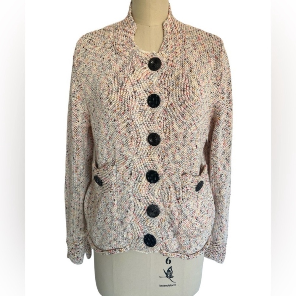 Pure Handknit Anthropologie Chunky Cotton Cardigan Beige multi Crop Sweater S M